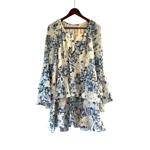 Anthropologie Maeve Long-Sleeve V-Neck Mini Swing Dress Blue Floral Medium New - Picture 4 of 10